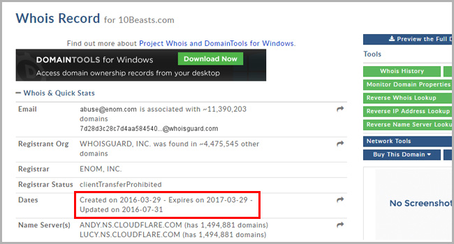 10Beasts Domain Registration Date Screenshot