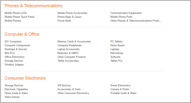 AliExpress Technology Product Departments Screenshot